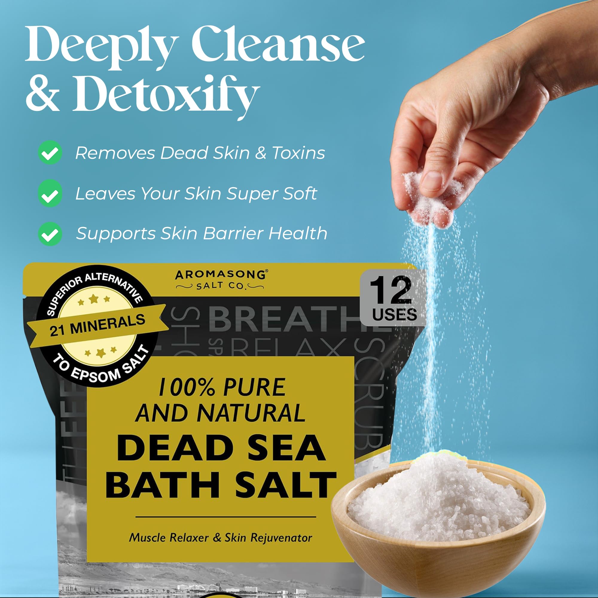 Aromasong Dead Sea Bath Salt fine grain close-up showing mineral purity and texture.