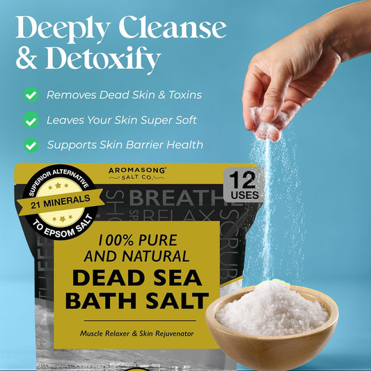 Aromasong Dead Sea Bath Salt fine grain close-up showing mineral purity and texture.