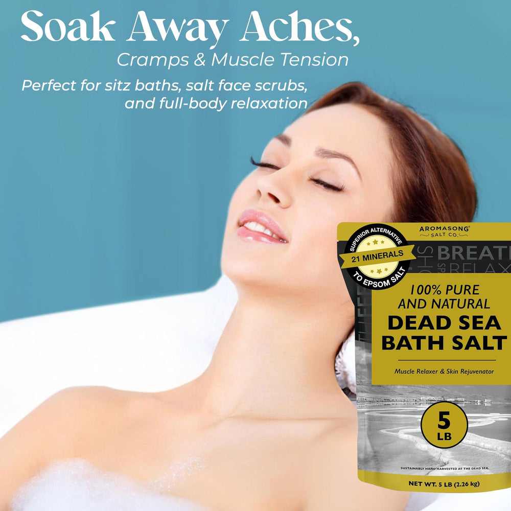 Aromasong Dead Sea Bath Salt pure minerals visible in a close-up shot for skin benefits.