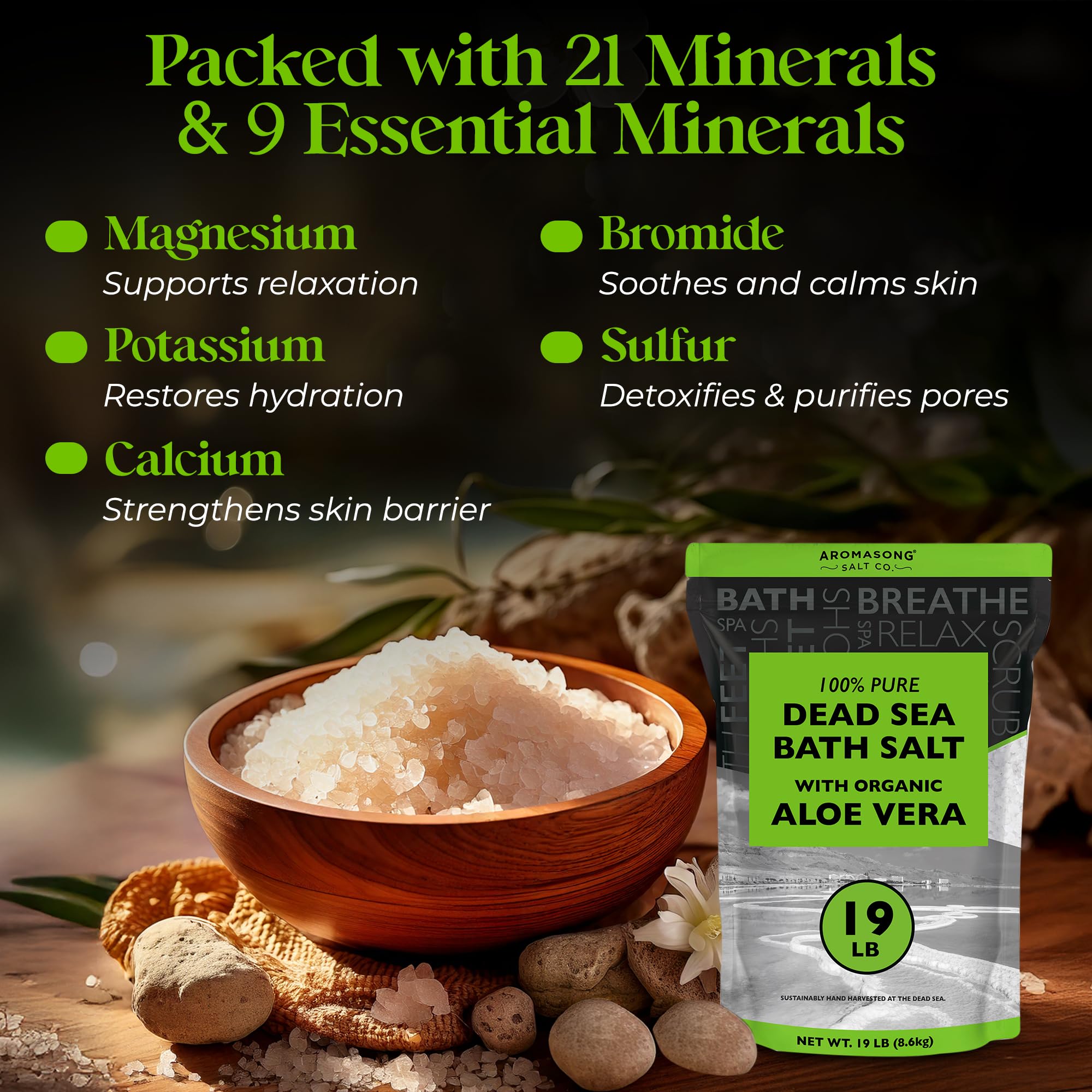 Aromasong Dead Sea Salt with Organic Aloe Vera, mineral crystals close-up, nourishing skin care benefits.