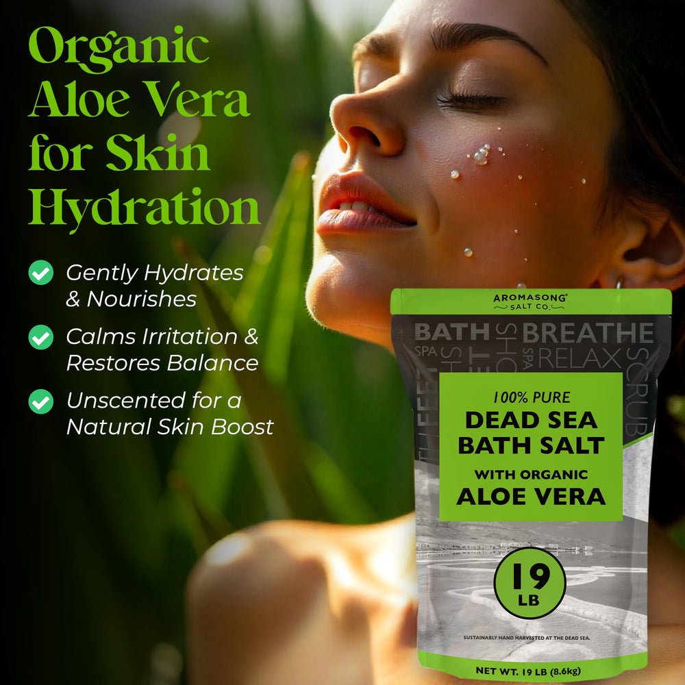 Aromasong Dead Sea Salt with Organic Aloe Vera, scoop in hand, perfect for DIY bath rituals.