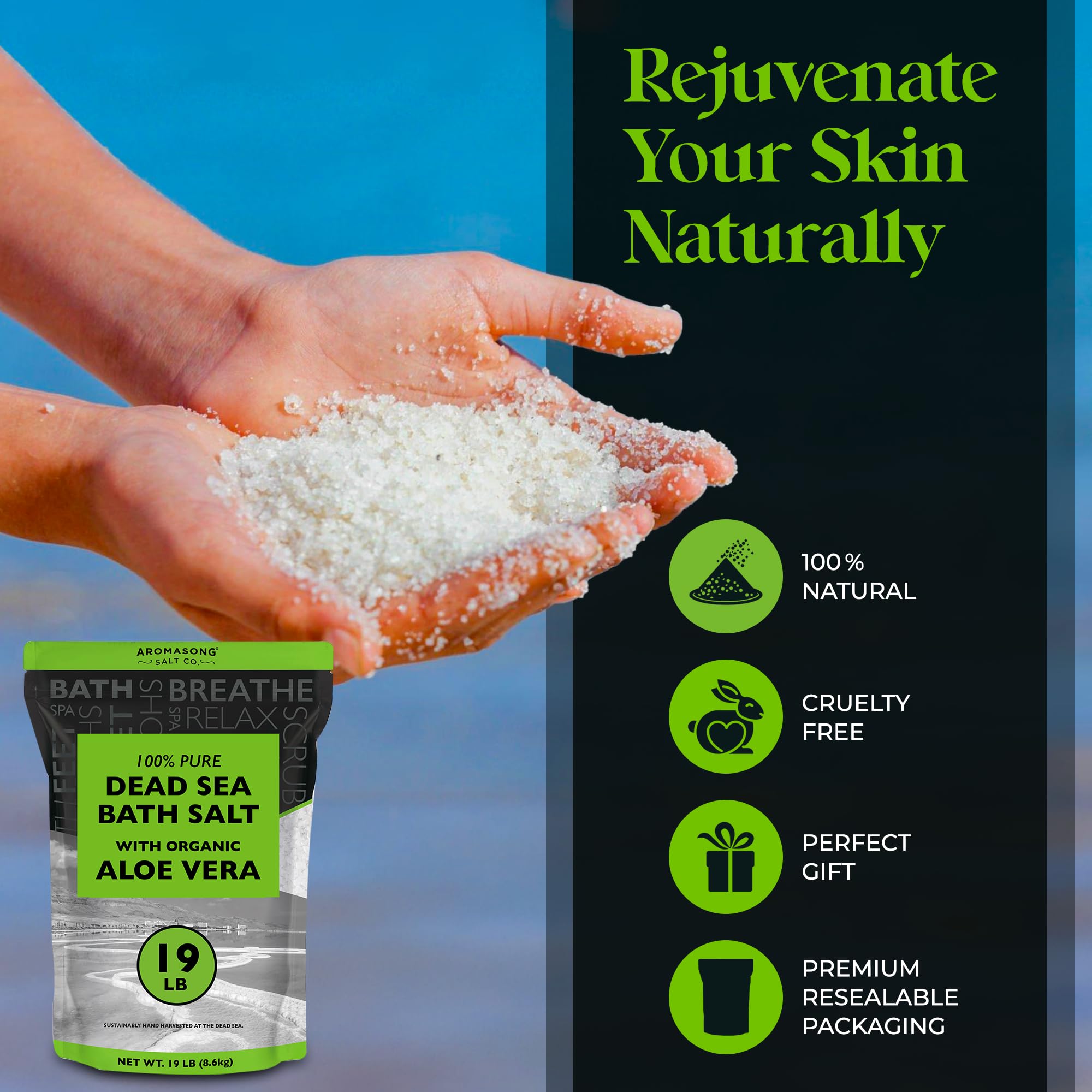 Aromasong Dead Sea Salt with Organic Aloe Vera, aloe vera leaf close-up, natural hydration support.