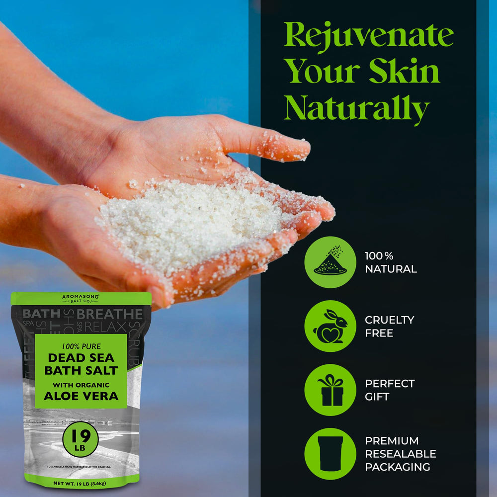 Aromasong Dead Sea Salt with Organic Aloe Vera, aloe vera leaf close-up, natural hydration support.