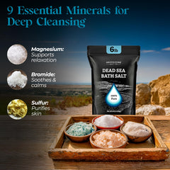 Aromasong Dead Sea Salt in a tub scene ready for a relaxing soak.