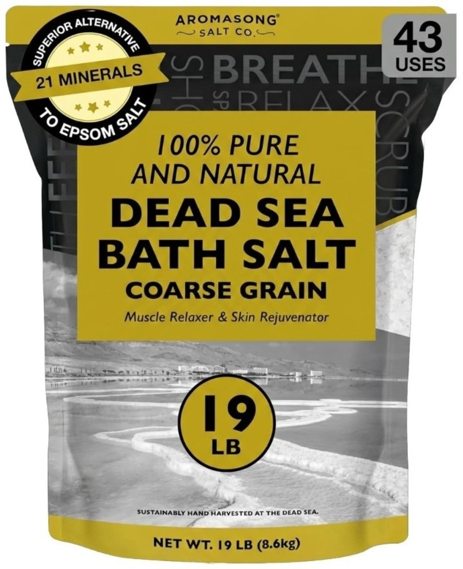 Aromasong Dead Sea Salt coarse grains for soothing soak and skin softness.