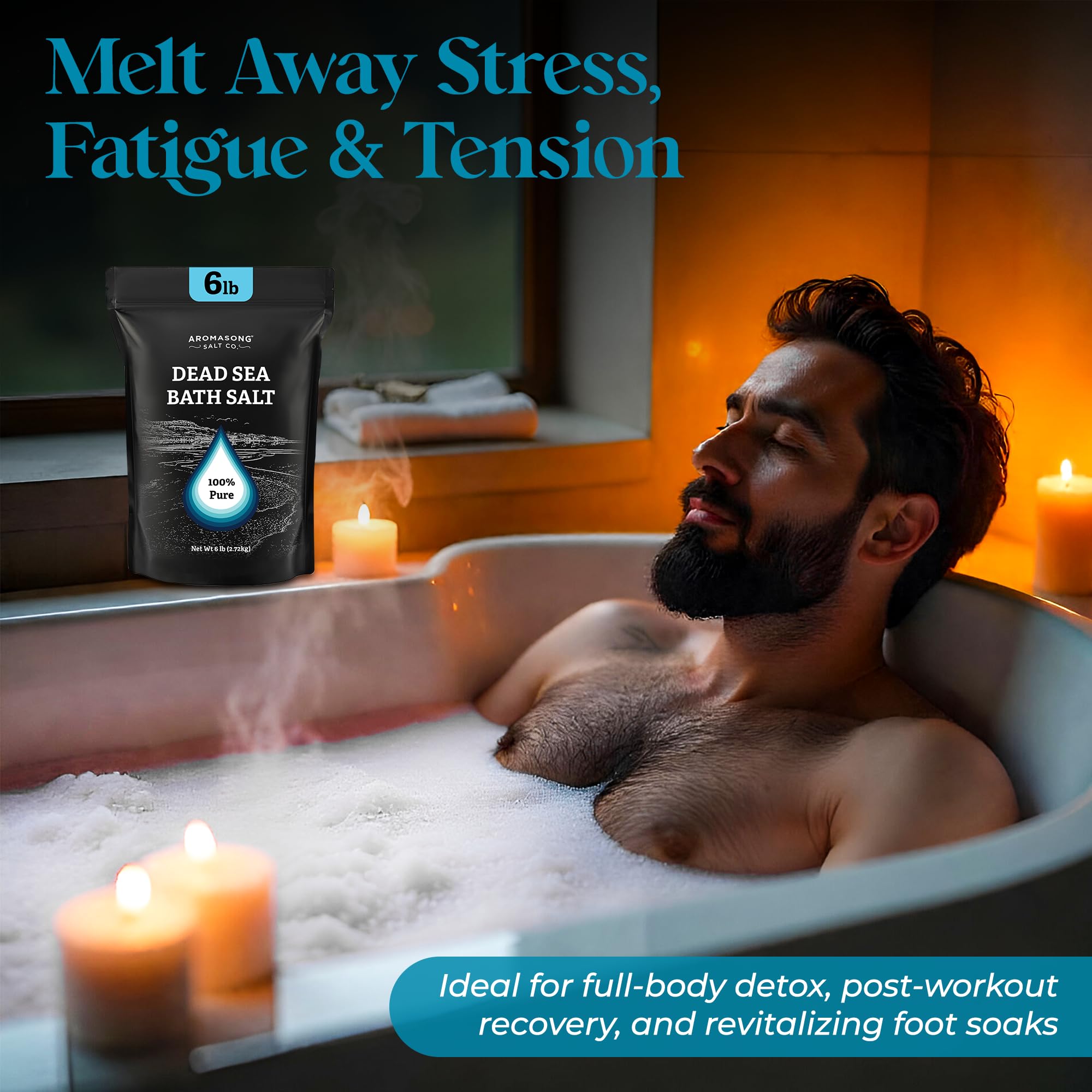 Aromasong Dead Sea Salt dissolving in warm bathwater for a soothing soak.