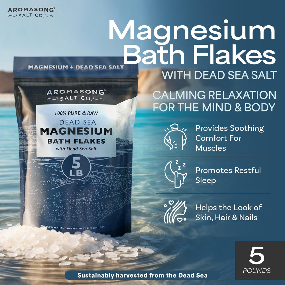 Aromasong Dead Sea salt minerals in a tub scene for skin balance and relaxation.