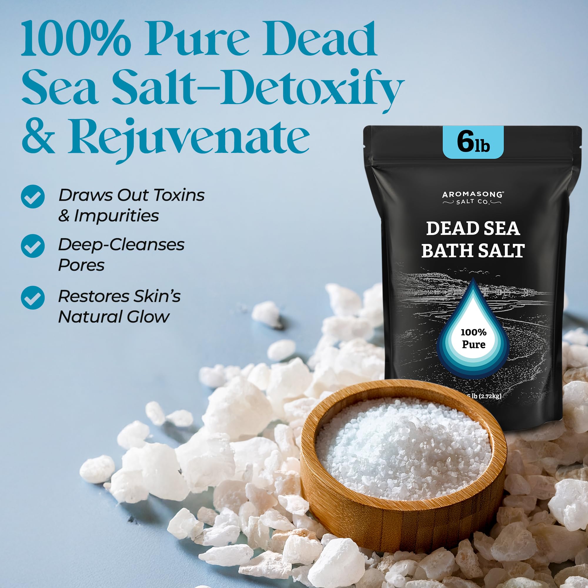 Aromasong Dead Sea Salt packaging with resealable pouch for freshness.