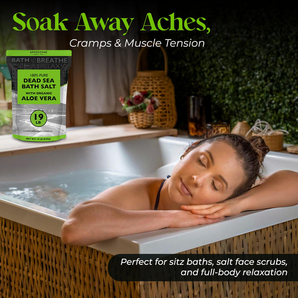 Aromasong Dead Sea Salt with Organic Aloe Vera, spa-ready bath, relaxation and relief vibes.