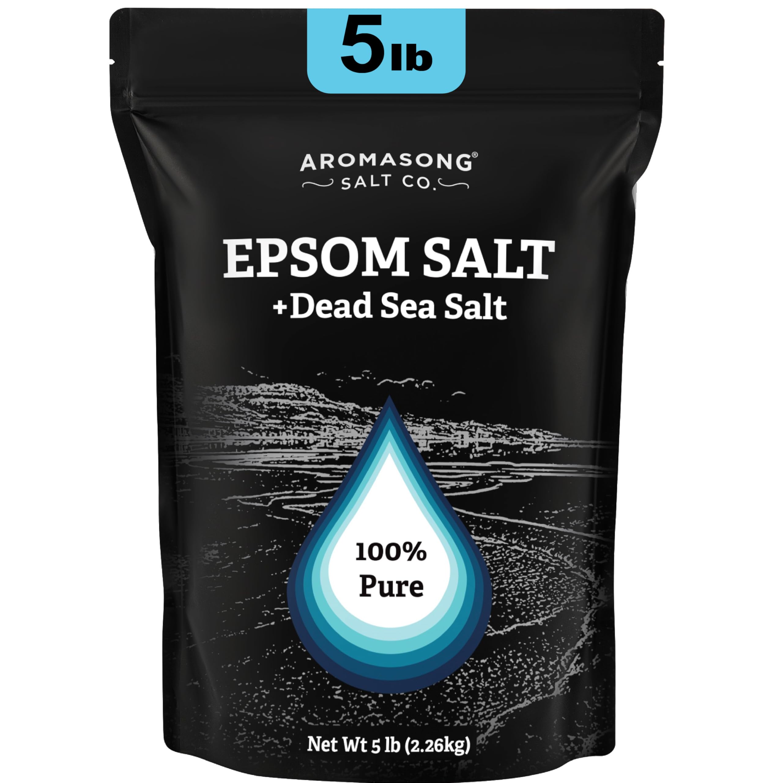 Aromasong Epsom Salt bottle pouring for a relaxing mineral bath