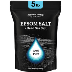 Aromasong Epsom Salt bottle pouring for a relaxing mineral bath