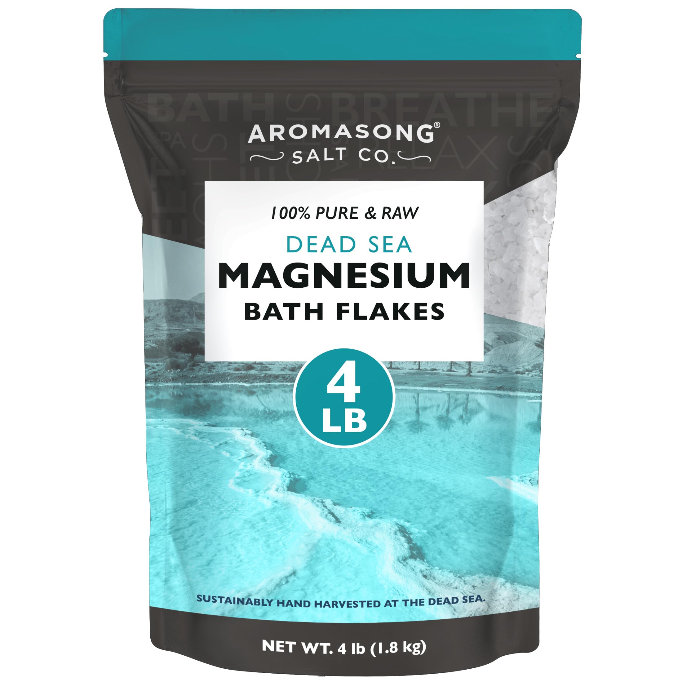 Aromasong magnesium flakes in a Dead Sea bottle closeup for a soothing bath
