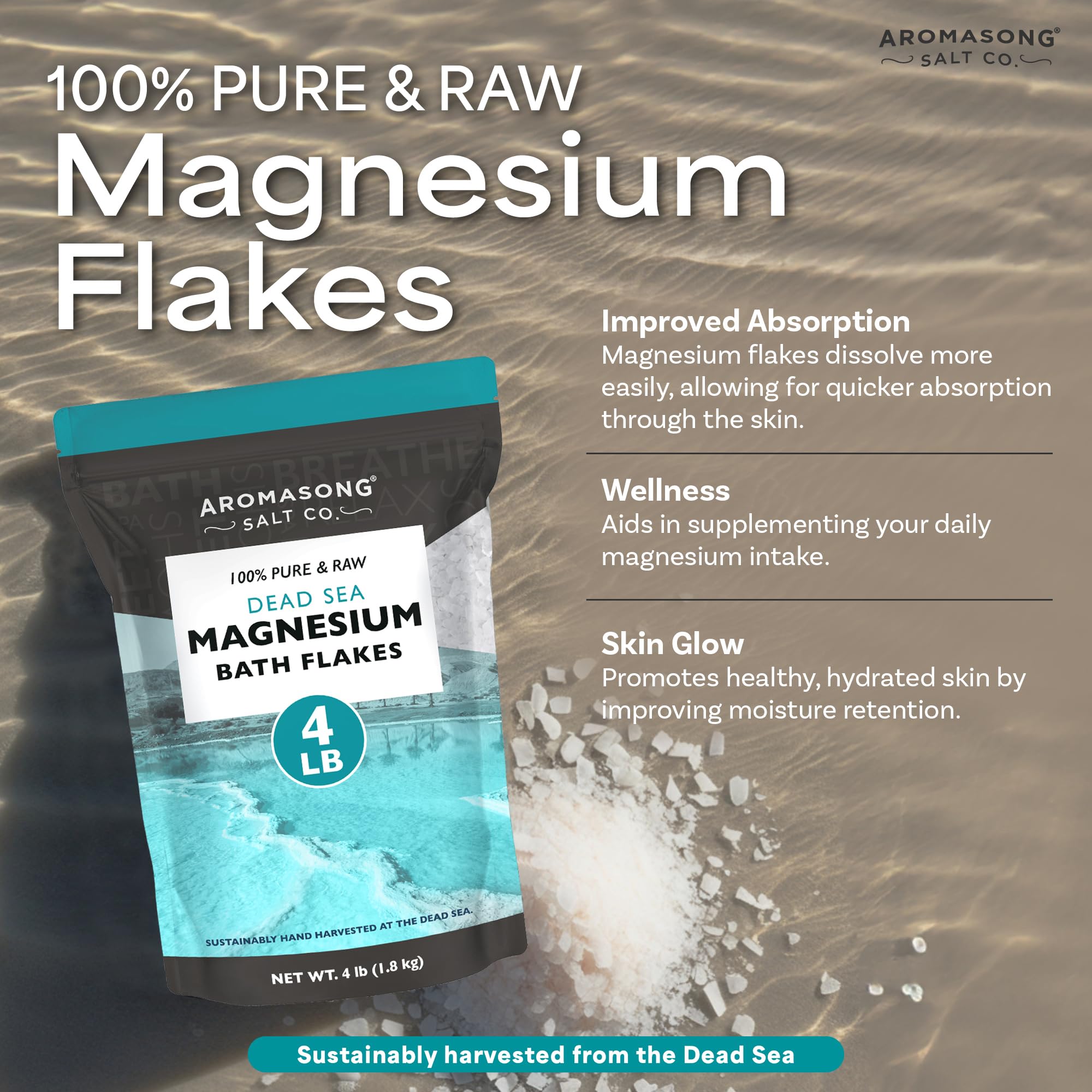 Aromasong magnesium flakes packaging open shows resealable bag for fresh, convenient baths