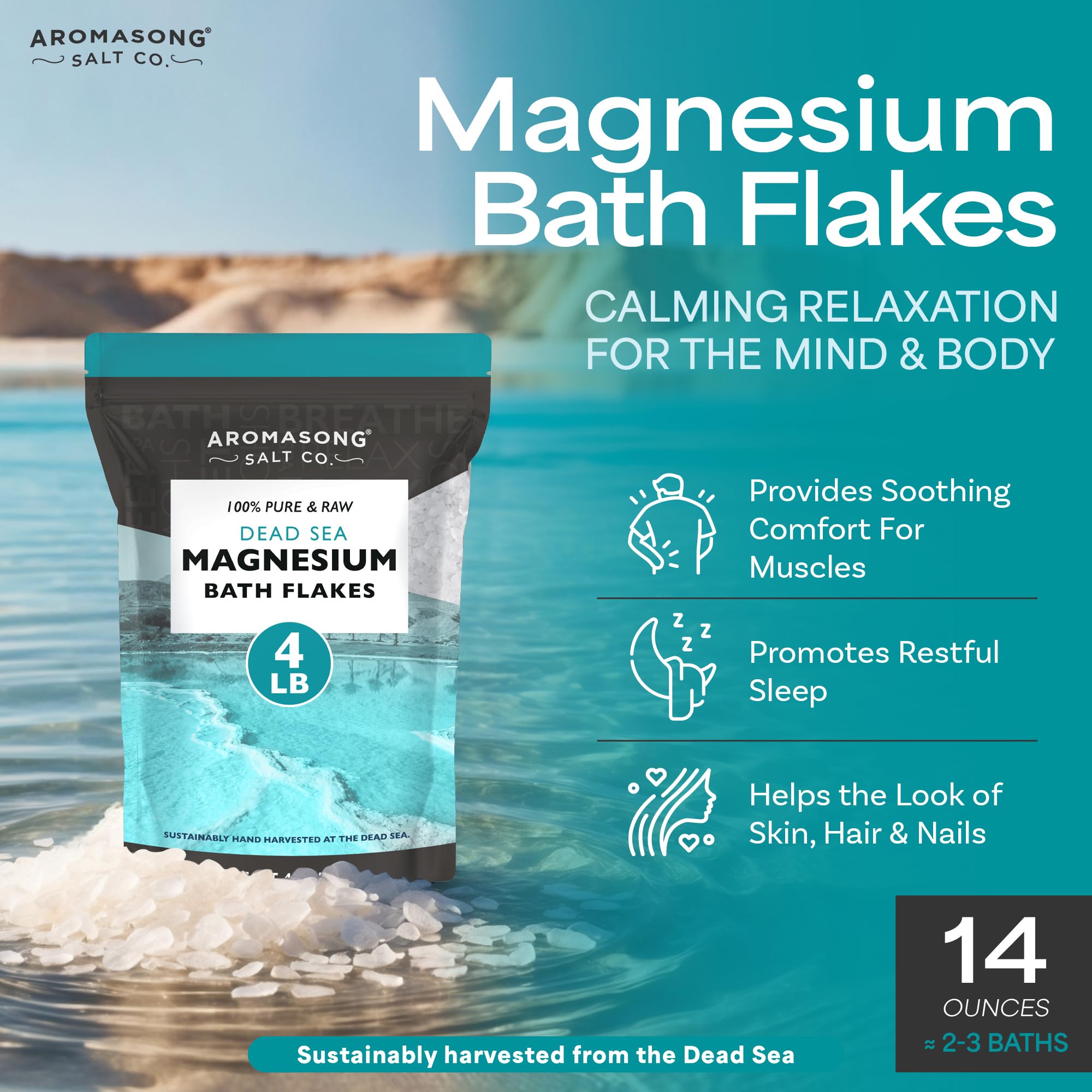 Aromasong magnesium flakes dissolving in warm bath water for a relaxing soak