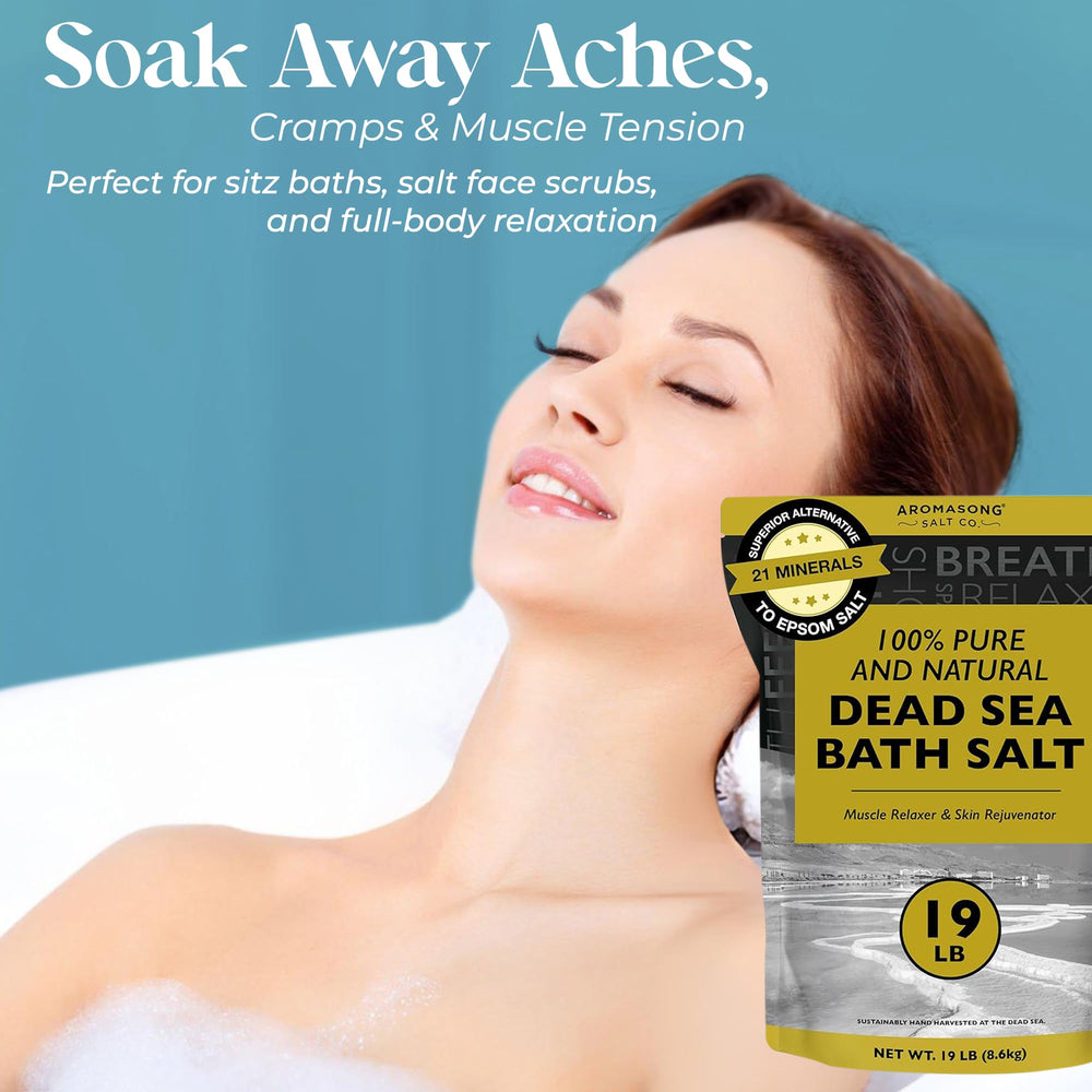 Aromasong mineral-rich Dead Sea salt with magnesium for skin cleansing.