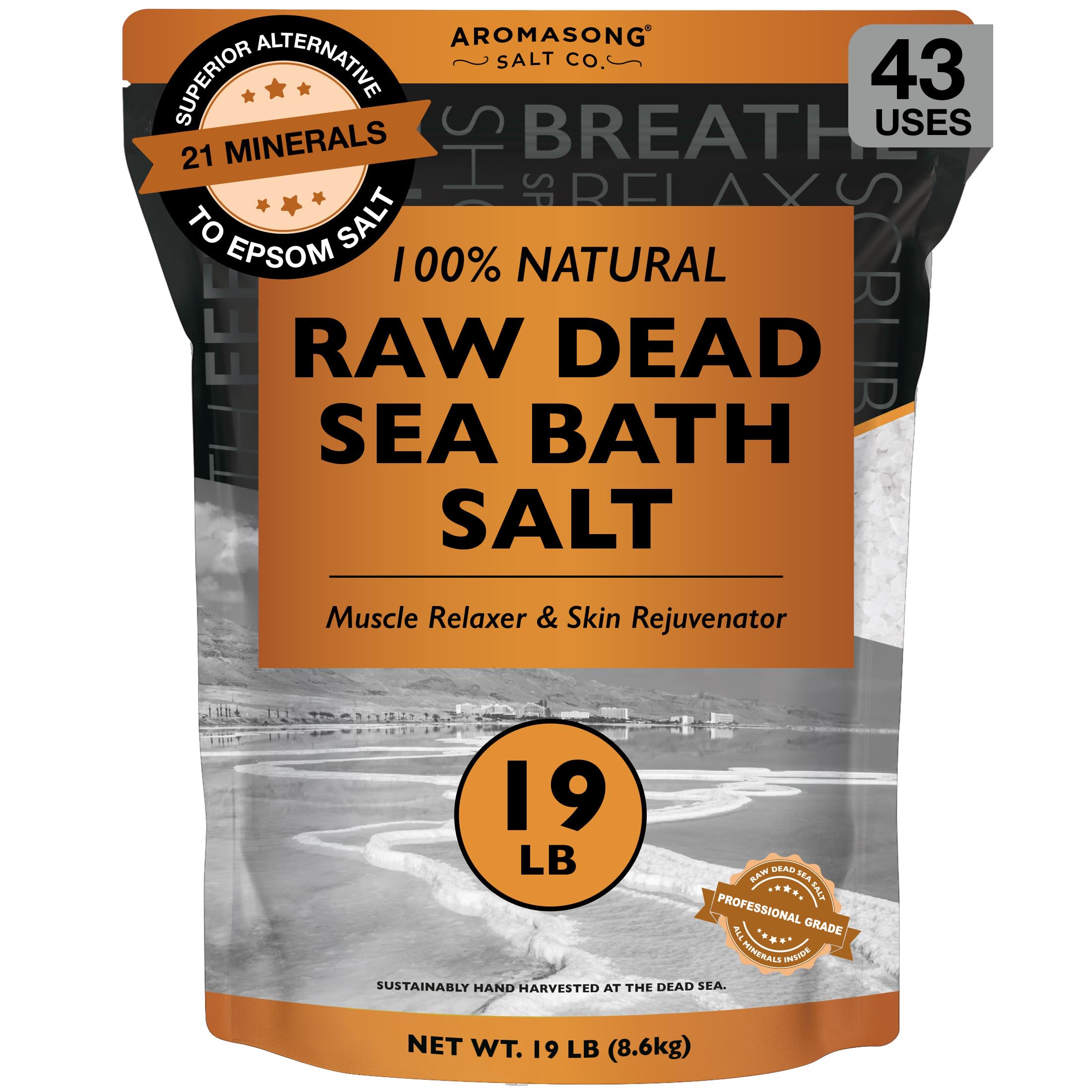 Aromasong raw Dead Sea bath salt in resealable pack for soothing soaks