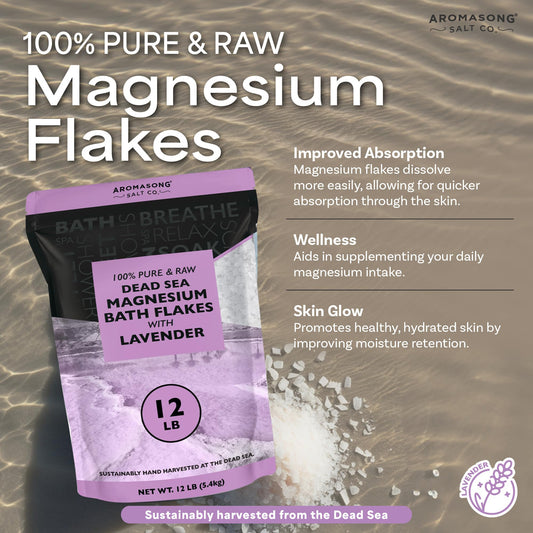Aromasong RAW Magnesium Bath Flakes Lavender bath scene promoting muscle comfort and calm.