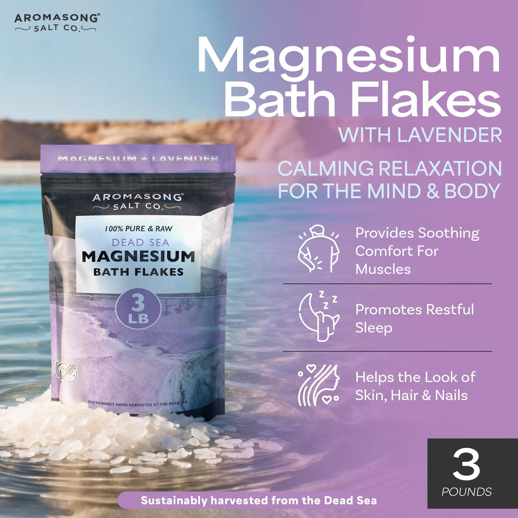 Aromasong RAW magnesium bath flakes lavender tub scene promotes calm and skin hydration