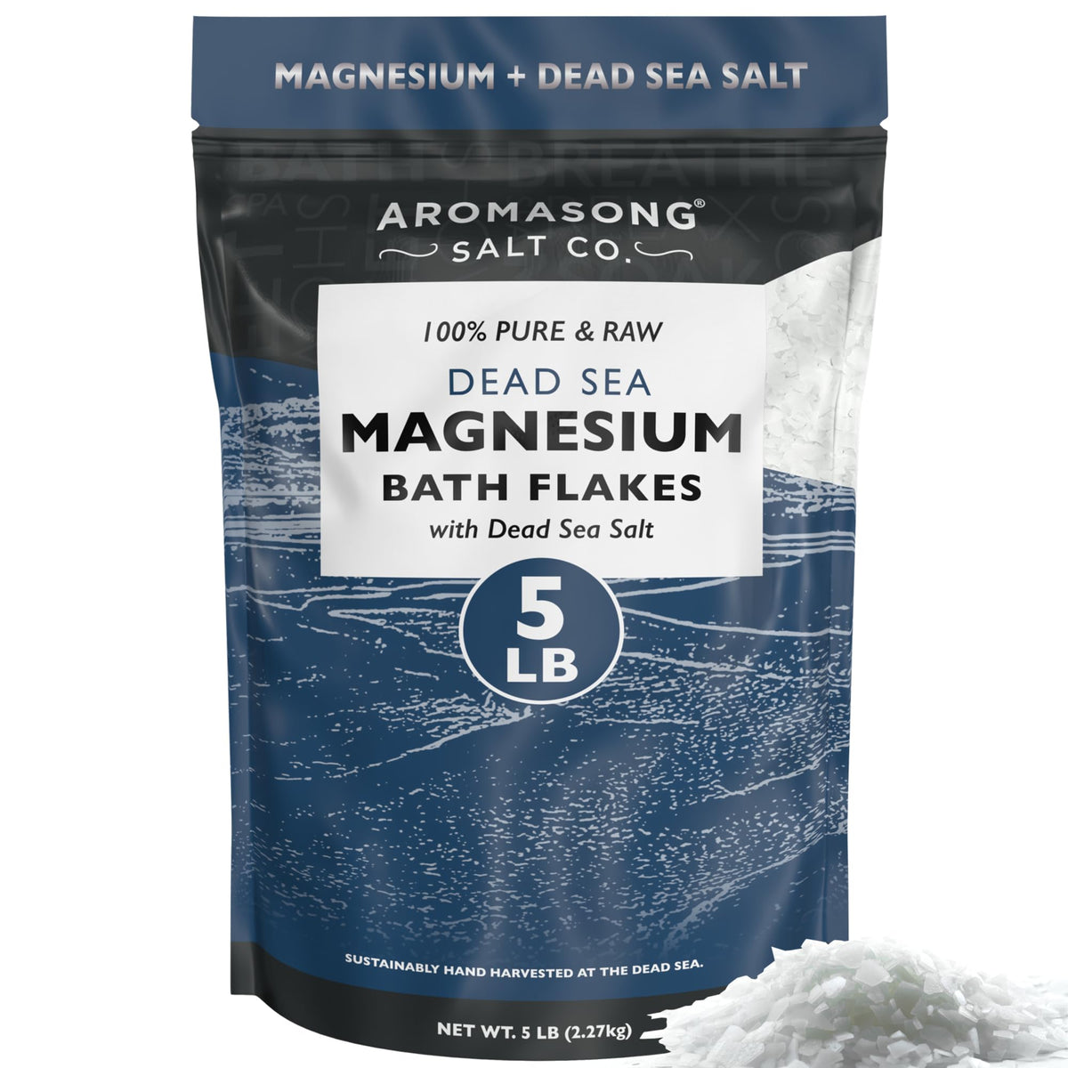 Aromasong raw magnesium flakes bottle pouring into a bath for a soothing soak.