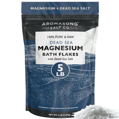 Aromasong raw magnesium flakes bottle pouring into a bath for a soothing soak.