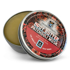 Aromastories Patchouli Musk body butter in a jar delivering rich moisture.
