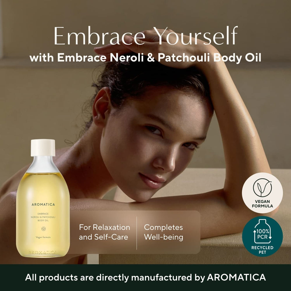 AROMATICA Embrace Body Oil close-up showing nourishing jojoba and non-greasy hydration.