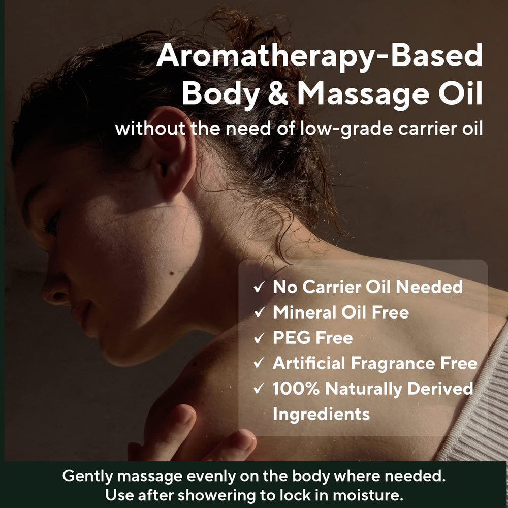 AROMATICA Embrace Body Oil ingredients panel with neroli and patchouli highlighted.