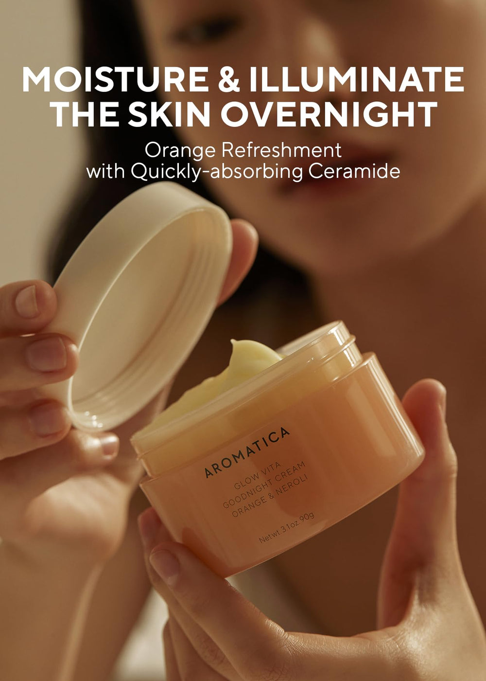 AROMATICA Glow Vita Goodnight Cream jar close-up highlighting non-sticky texture.