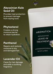 AROMATICA anti-frizz detangler image emphasizes smoother curls and reduced breakage.