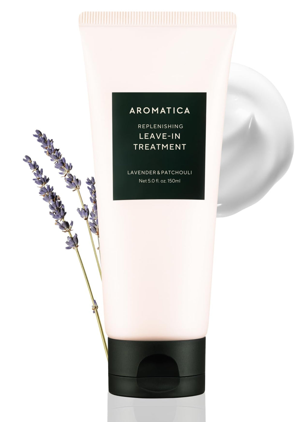 AROMATICA leave-in conditioner bottle with lavender-patchouli scent for soothing, protected curls.