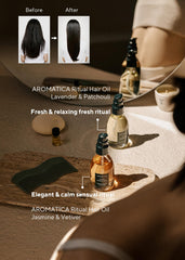AROMATICA ritual bottle used on damp hair ends for nourishment.