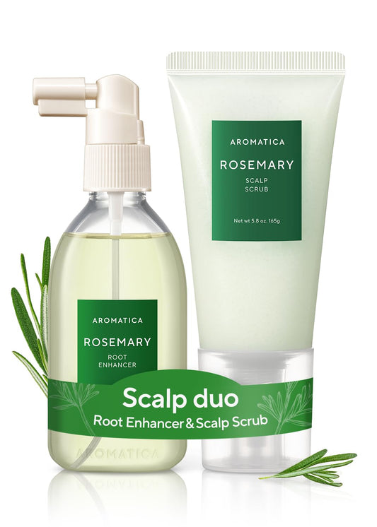 AROMATICA Rosemary Root Enhancer bottle showing scalp-supporting formula for healthier-looking hair.