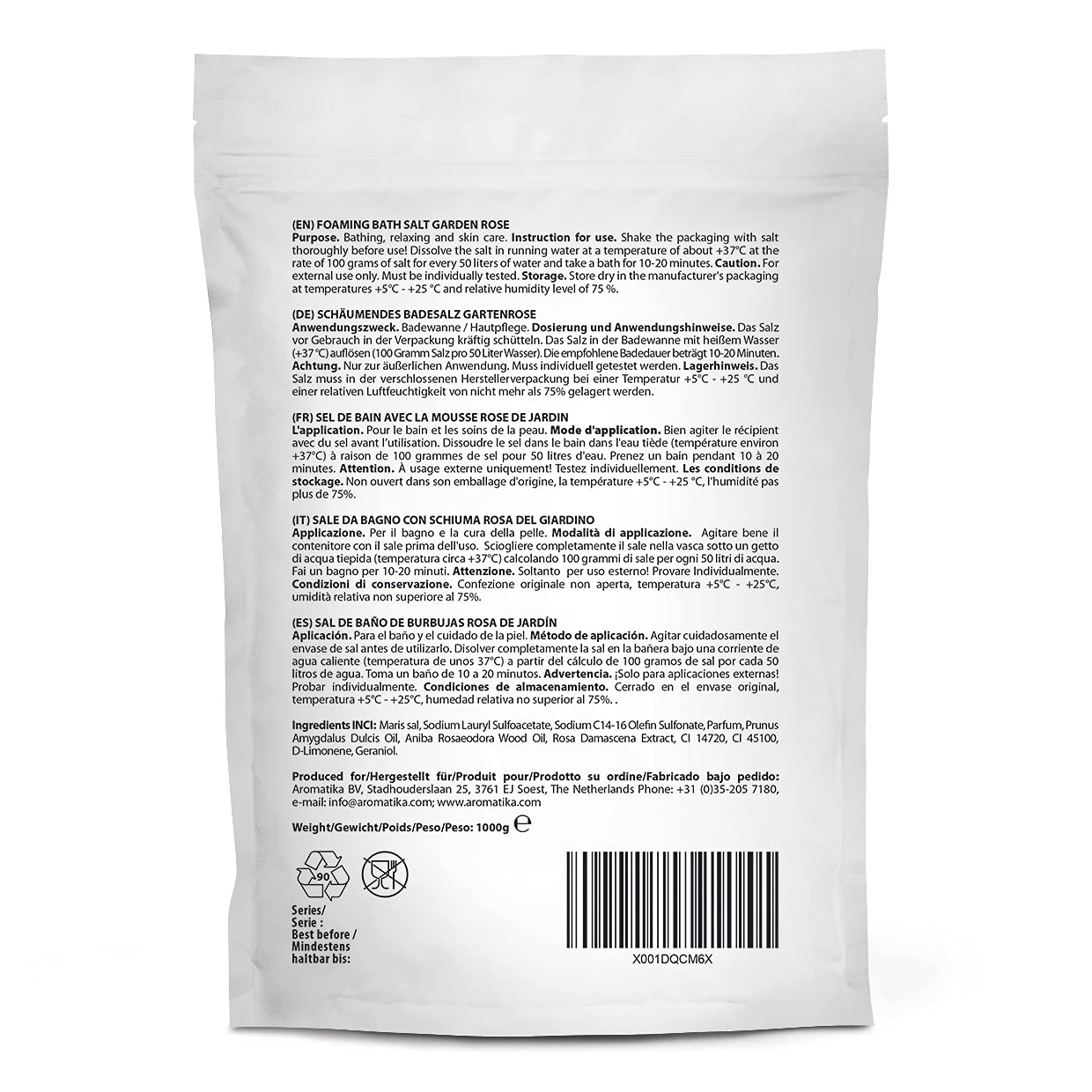 AROMATIKA 35oz rose sea salt package on a bathroom shelf.