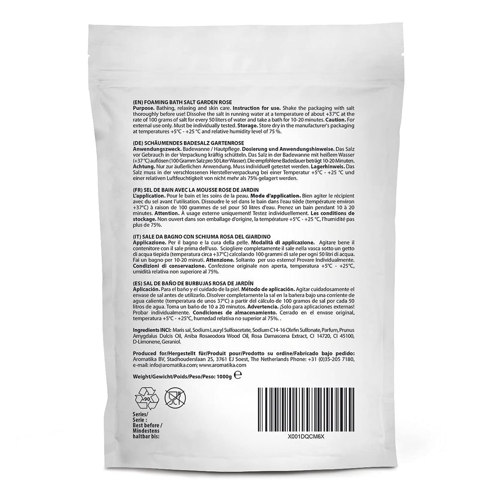AROMATIKA 35oz rose sea salt package on a bathroom shelf.