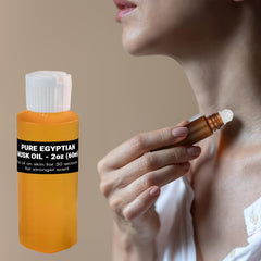 Close-up of Aromazen Egyptian Musk Oil amber glass packaging protecting the scent.