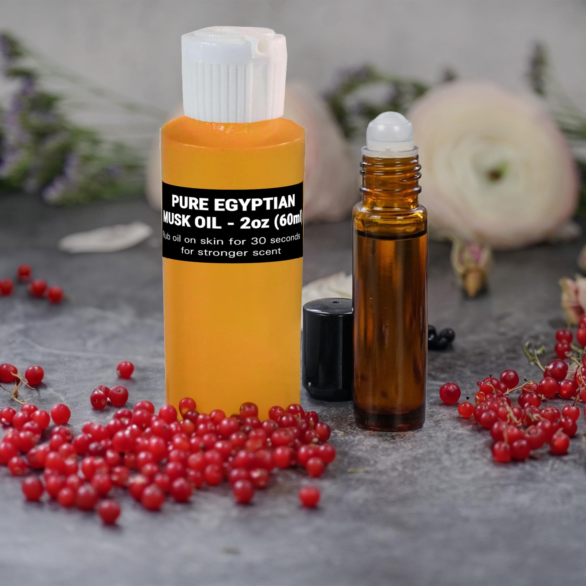 Bulk packaging option for Aromazen Egyptian Musk Oil highlights value and longevity.