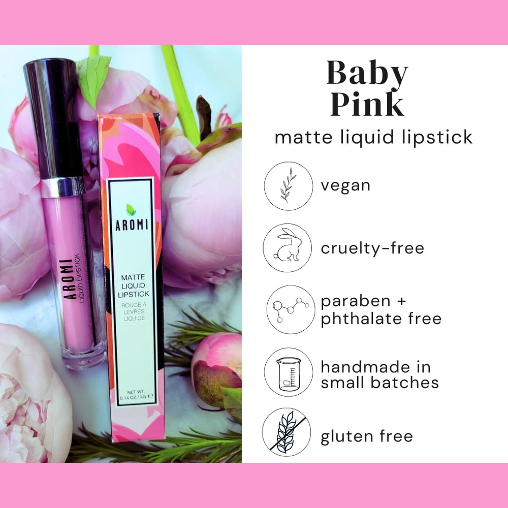 Aromi Baby Pink lipstick tube held in hand for travel-friendly use