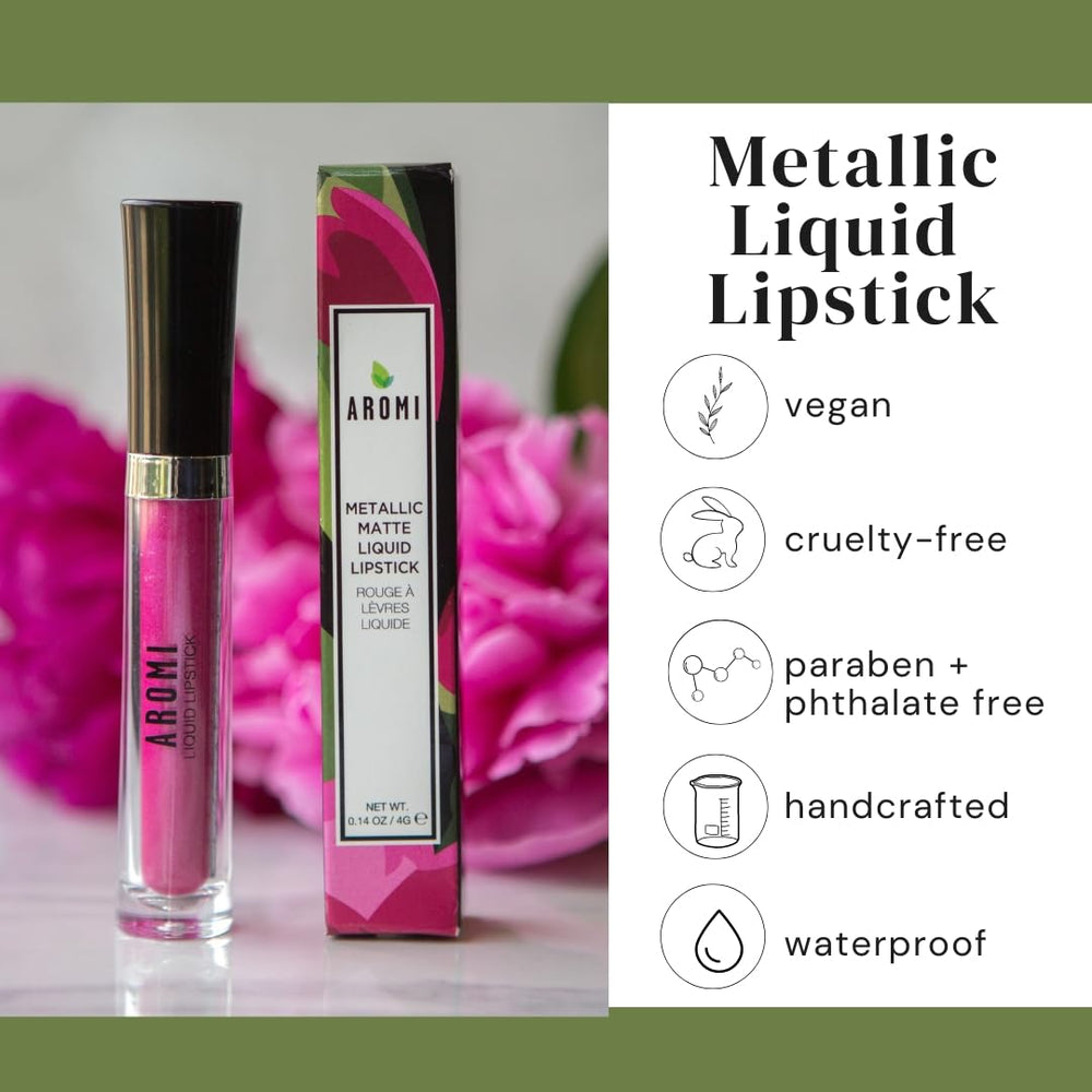 Aromi hot pink metallic lipstick being applied with a gloss-like glide
