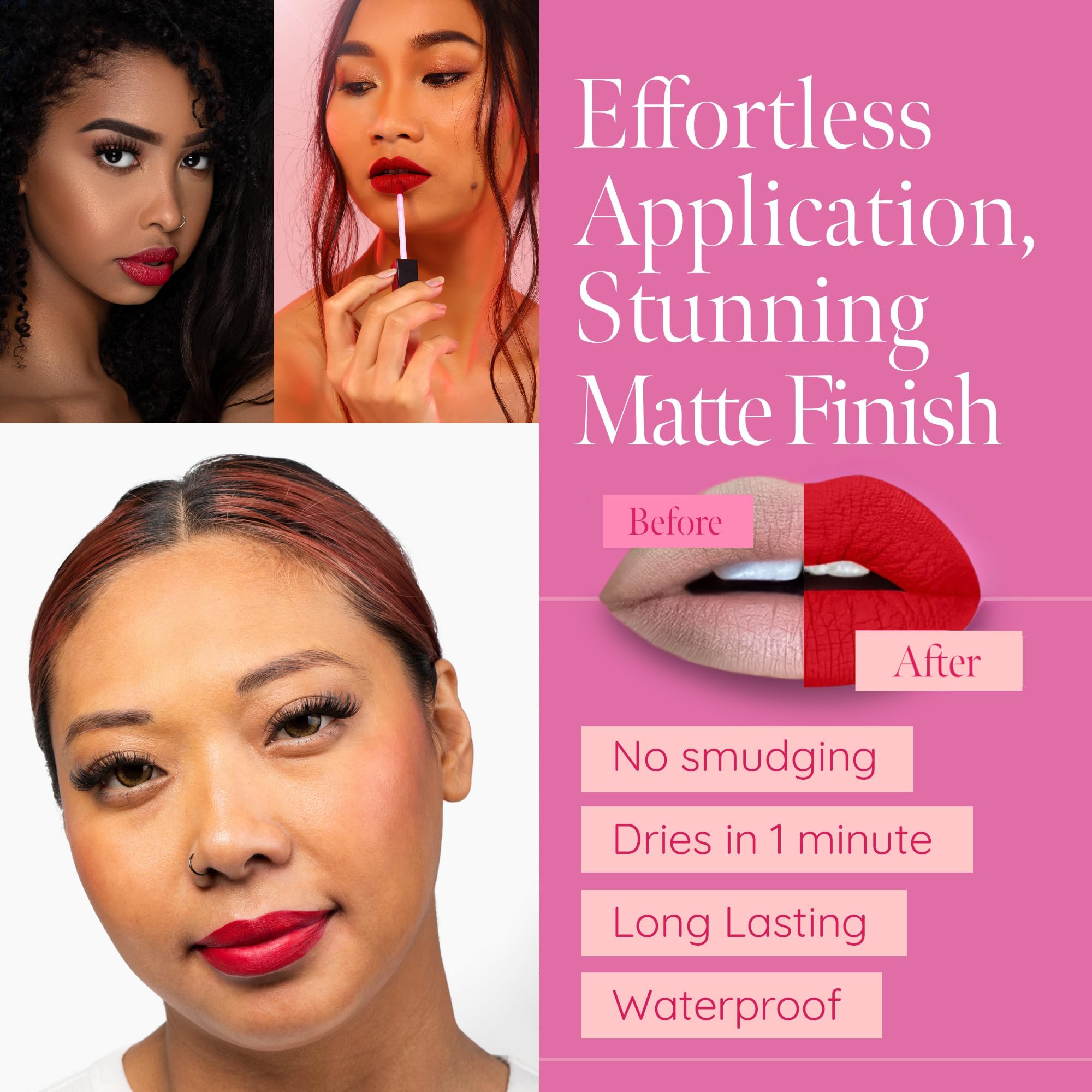 Aromi liquid lipstick application glide demonstrates easy, silky layer on lips.