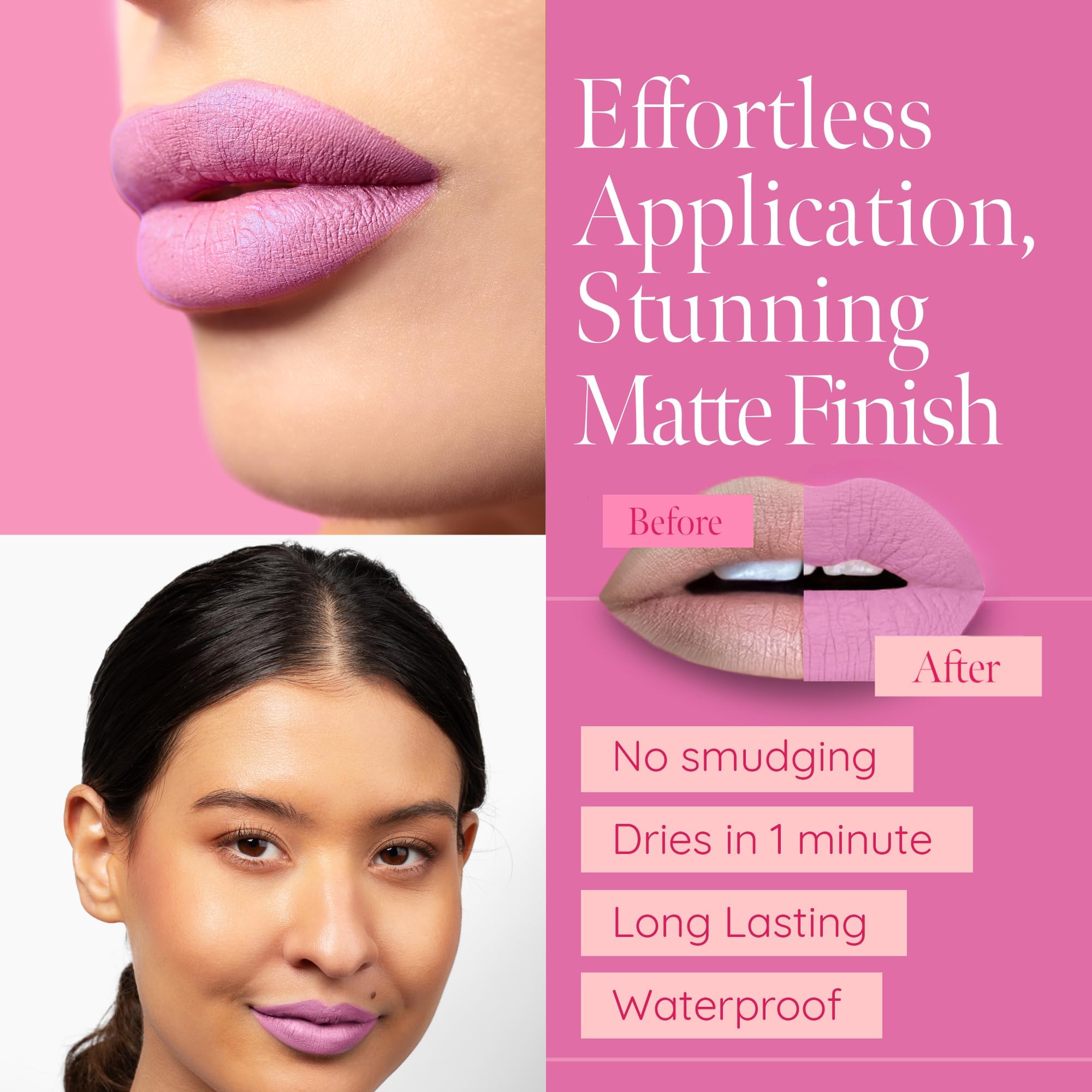 Aromi matte liquid lipstick in Ballet Slipper creates soft pink veil.