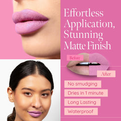Aromi matte liquid lipstick in Ballet Slipper creates soft pink veil.