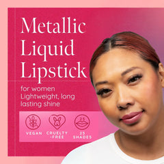 Close-up of Aromi lip color reveals soft metallic sheen and pigment depth.