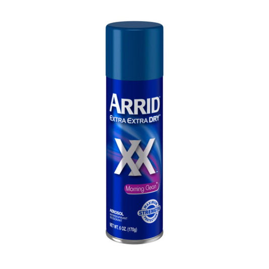 Arrid Morning Clean aerosol can side view highlighting compact design for on the go.