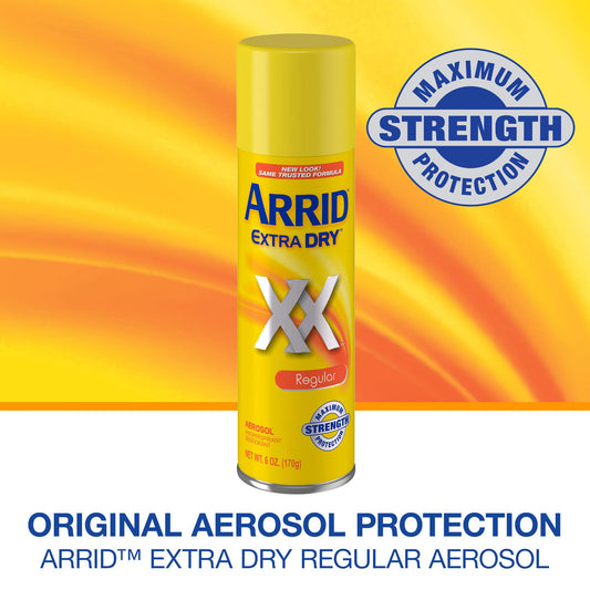 Arrid XX Extra Dry regular aerosol can close-up emphasizing long-lasting protection.