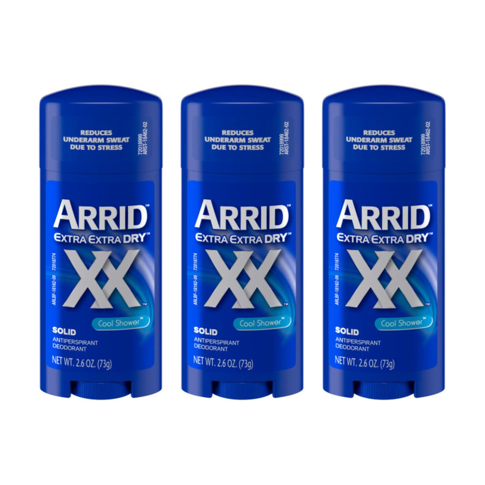 Arrid XX Extra Extra Dry solid Cool Shower pack3 front view showing confident underarm protection.