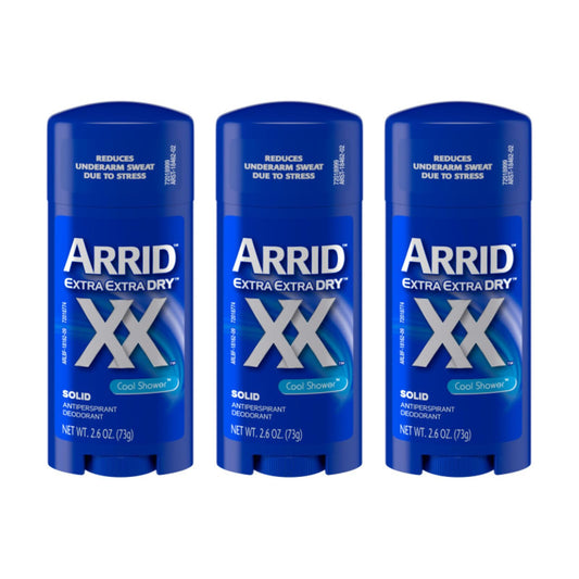 Arrid XX Extra Extra Dry solid Cool Shower pack3 front view showing confident underarm protection.