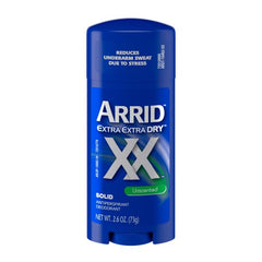 Arrid XX unscented antiperspirant being applied for stress-related sweating control.