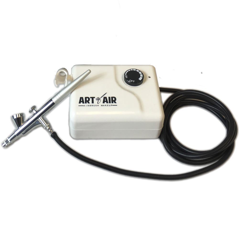 Art of Air compressor and airbrush combo front view, portable for mobile makeup artistry.