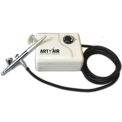 Art of Air compressor and airbrush combo front view, portable for mobile makeup artistry.