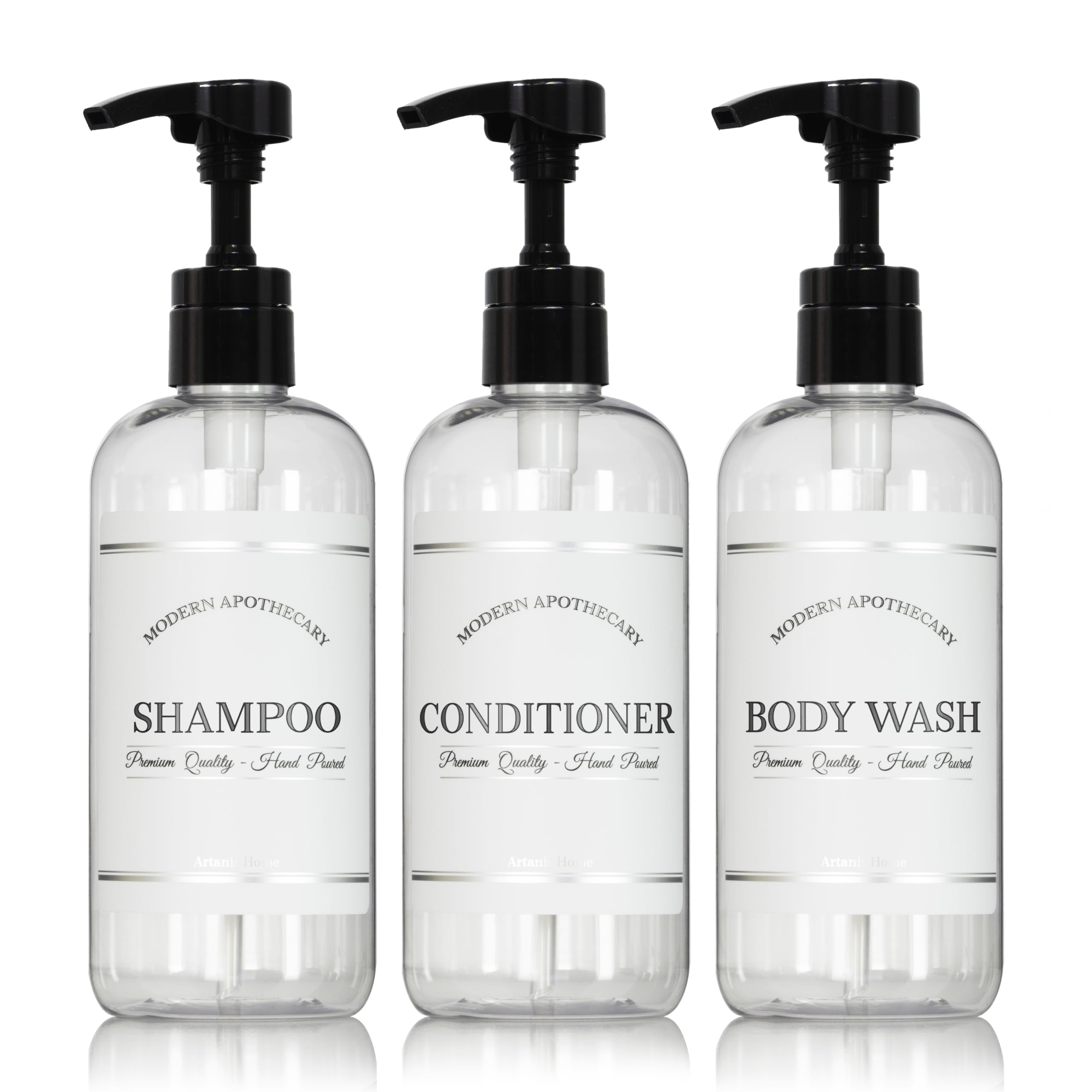 Artanis Home clear 16 oz bottles with pumps for organized shower storage.